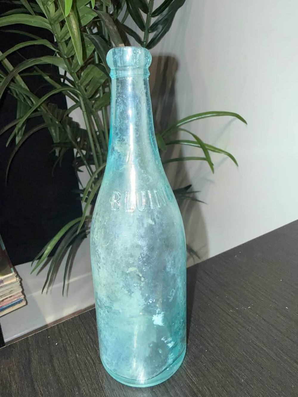 Antique 1800s aqua blue glass bottle frank miller bengal bluing laundry